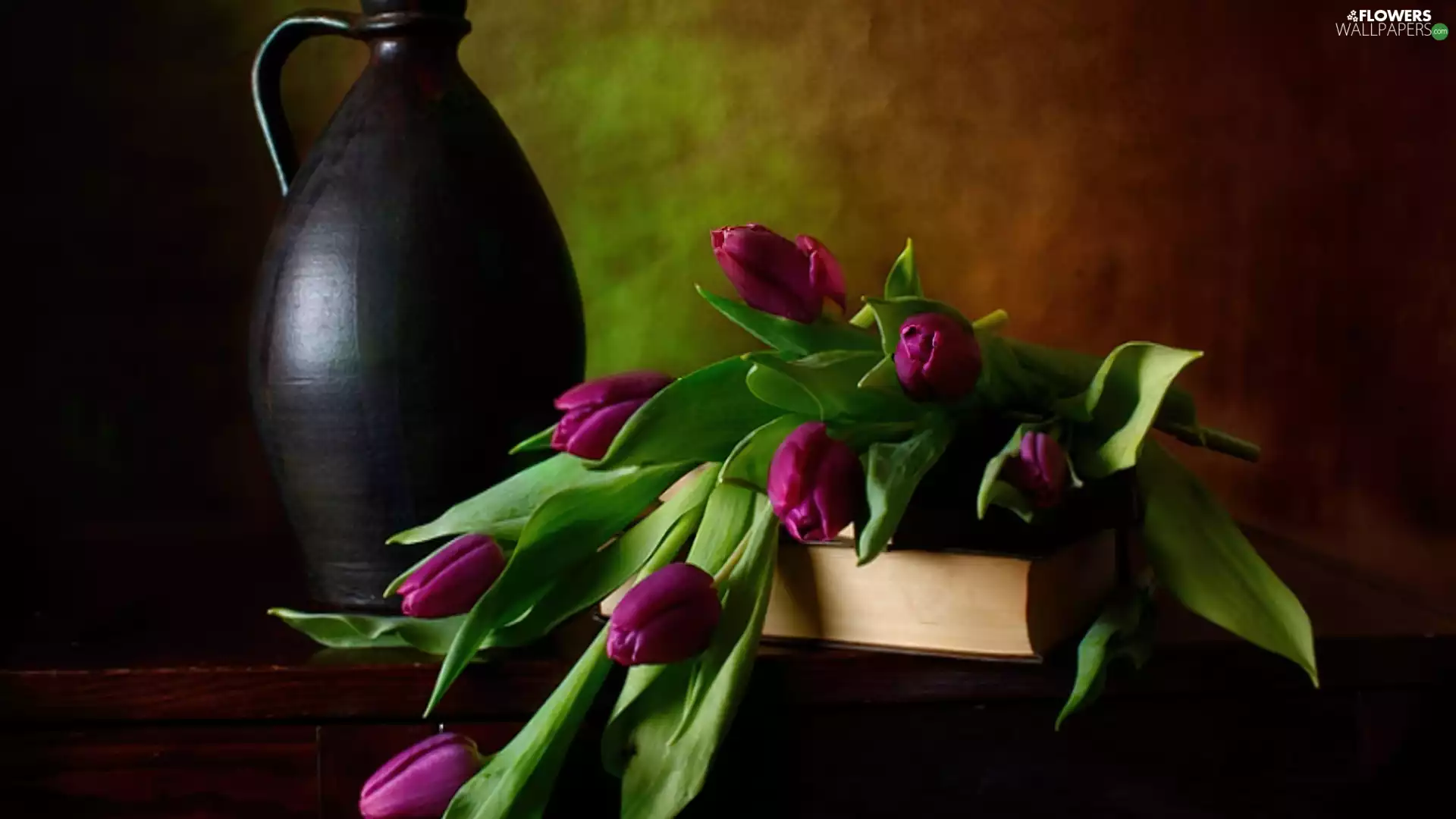 Tulips, Book, pitcher, purple, earthen