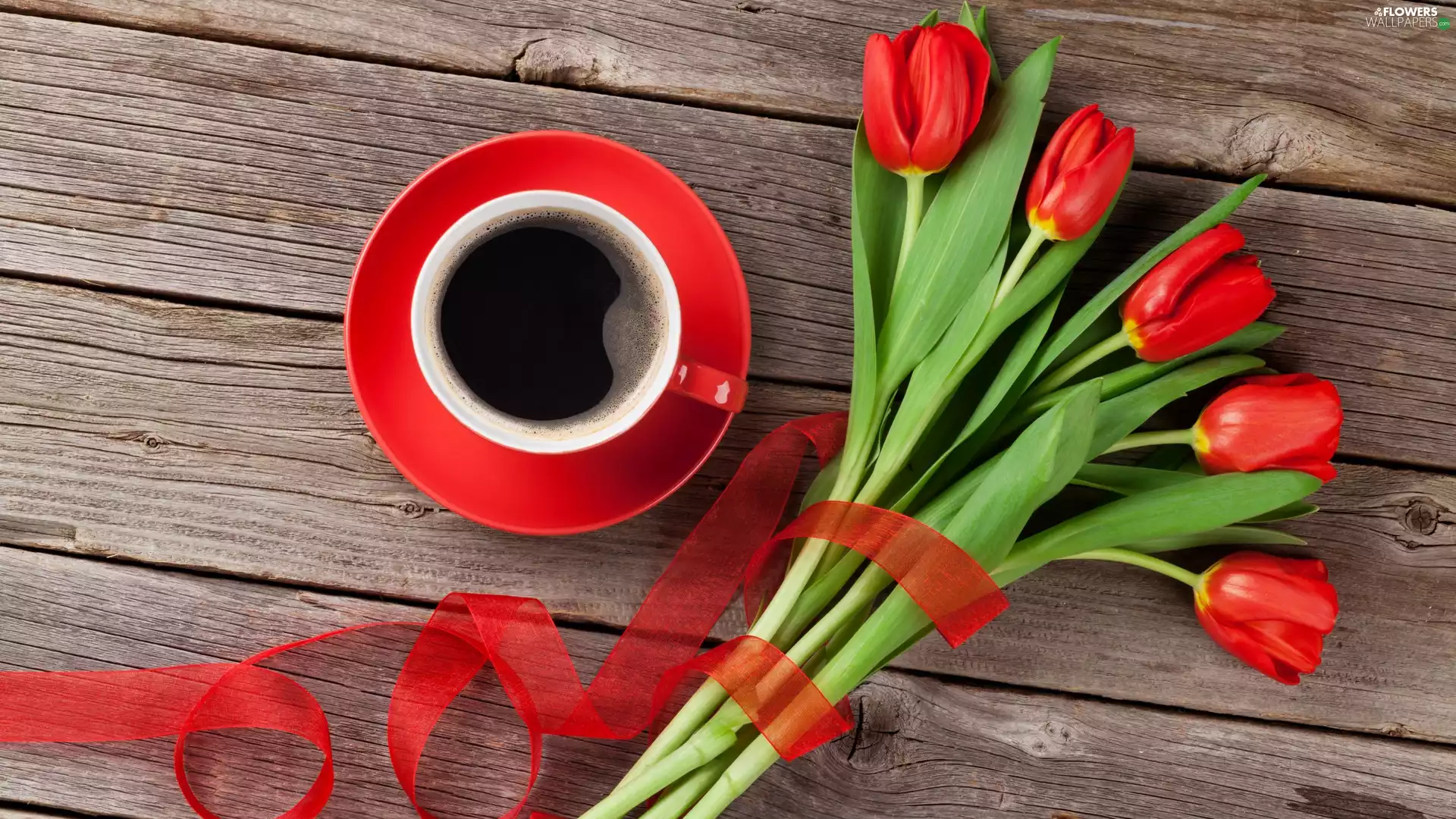 Red, red hot, ribbon, cup, coffee, Tulips, boarding