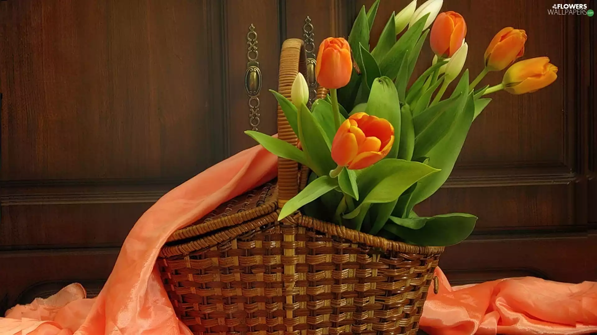 Tulips, satin, basket, Orange, wicker