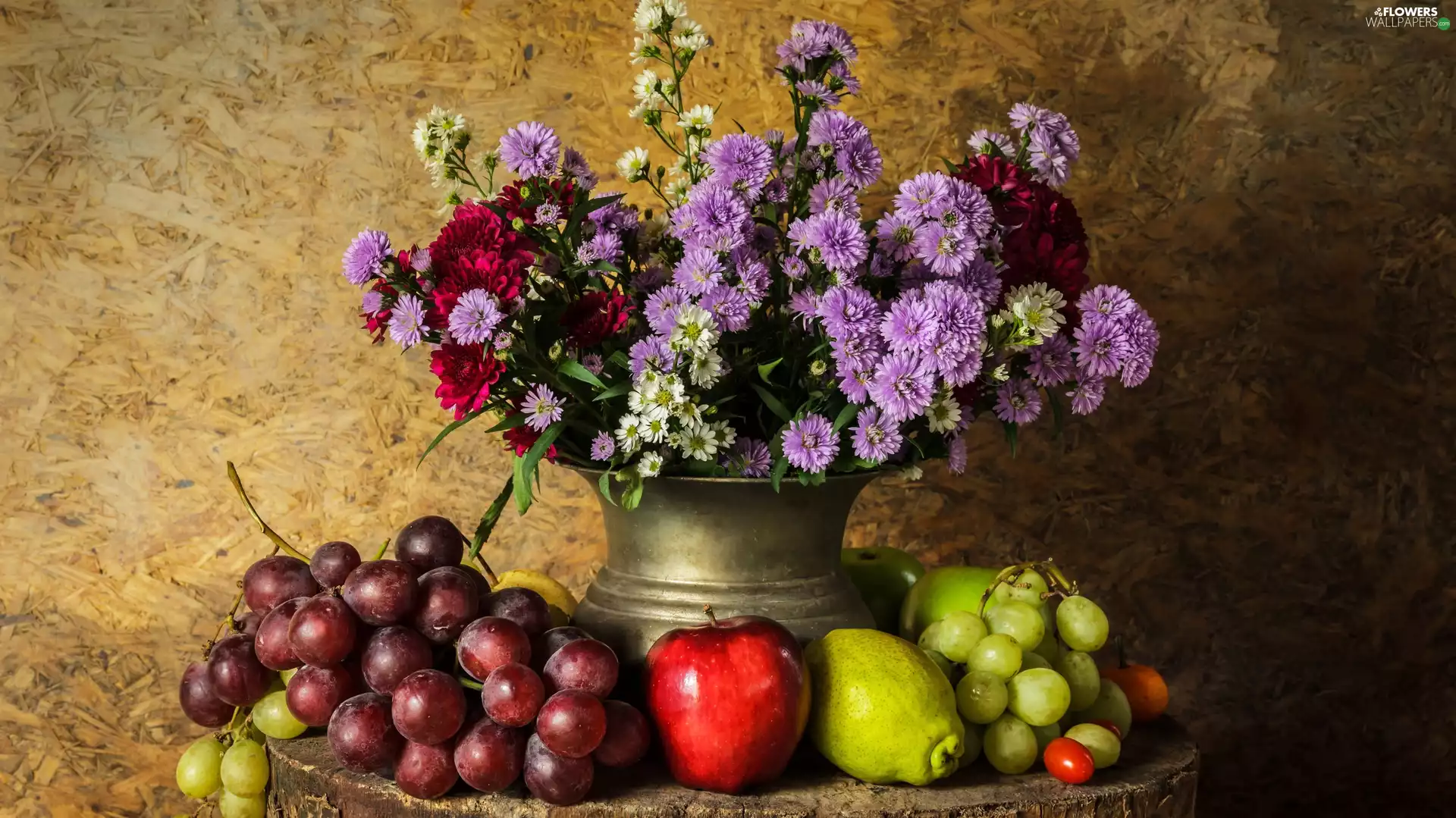 Vase, Fruits, composition, Grapes, Truck concrete mixer, Aster, Flowers, apples