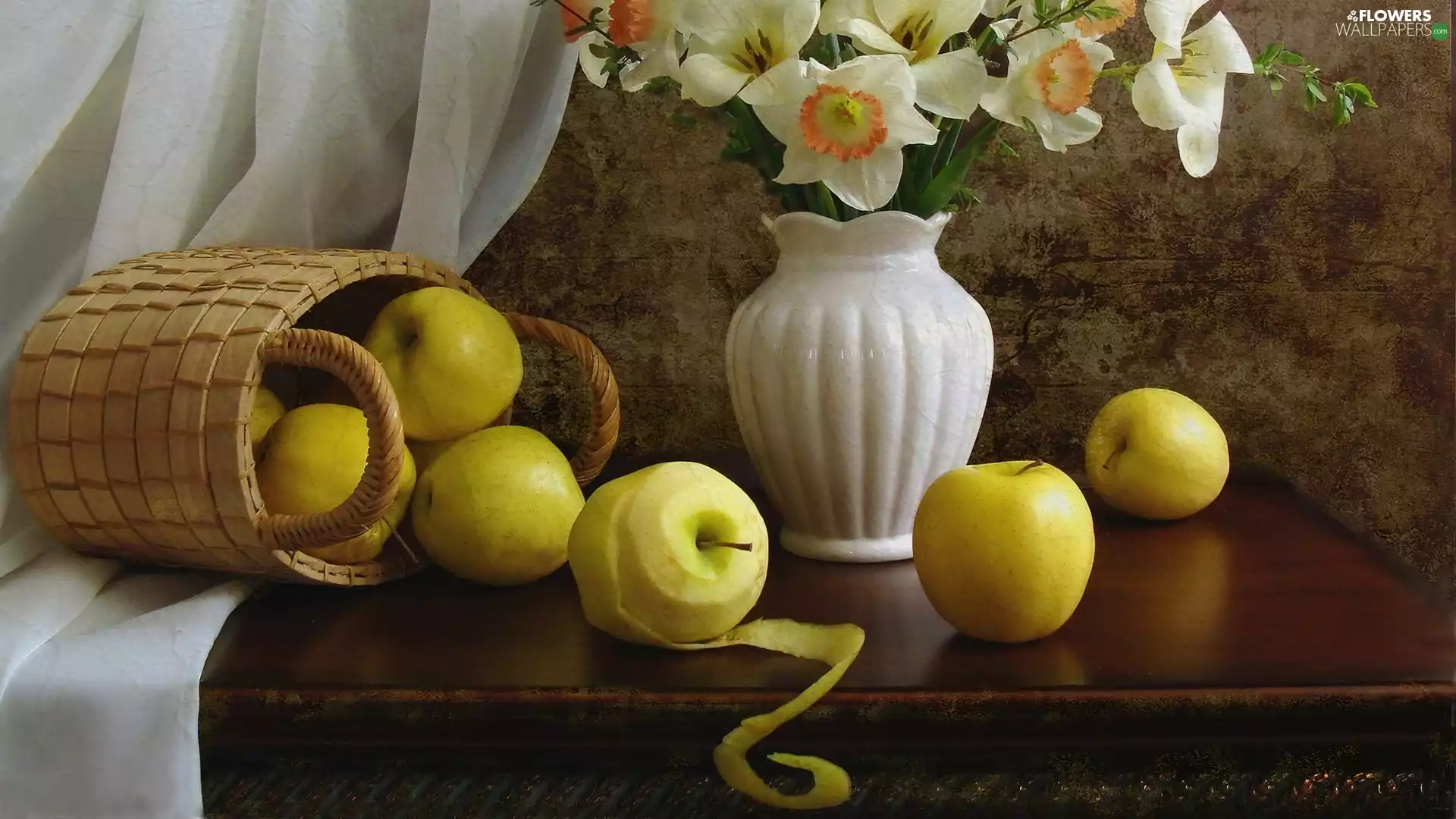 narcissus, apples, Vase, basket