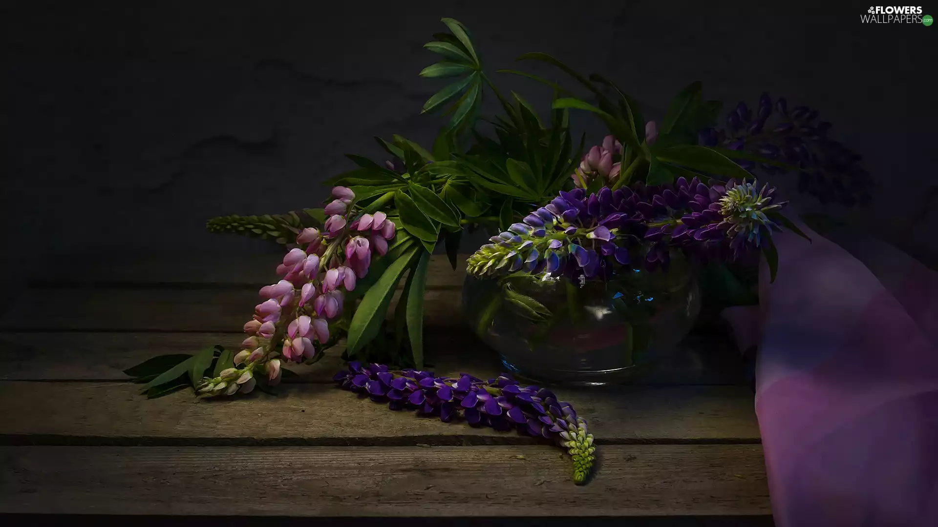 lupine, Pink, Vase, Violet, Flowers, glass, bouquet