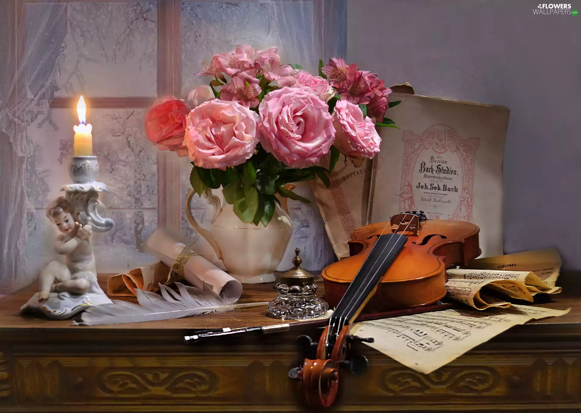 violin, composition, Tunes, jug, candlestick, Window, roses, Candle, Alstroemeria