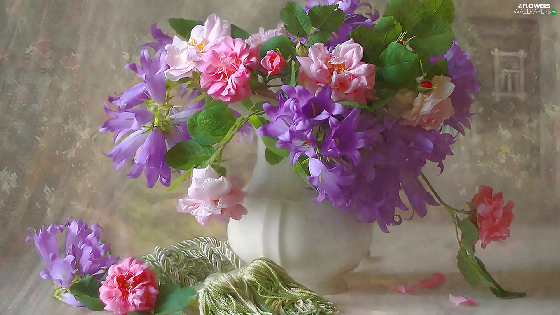 violet, bouquet, White, pitcher, flowers, pink