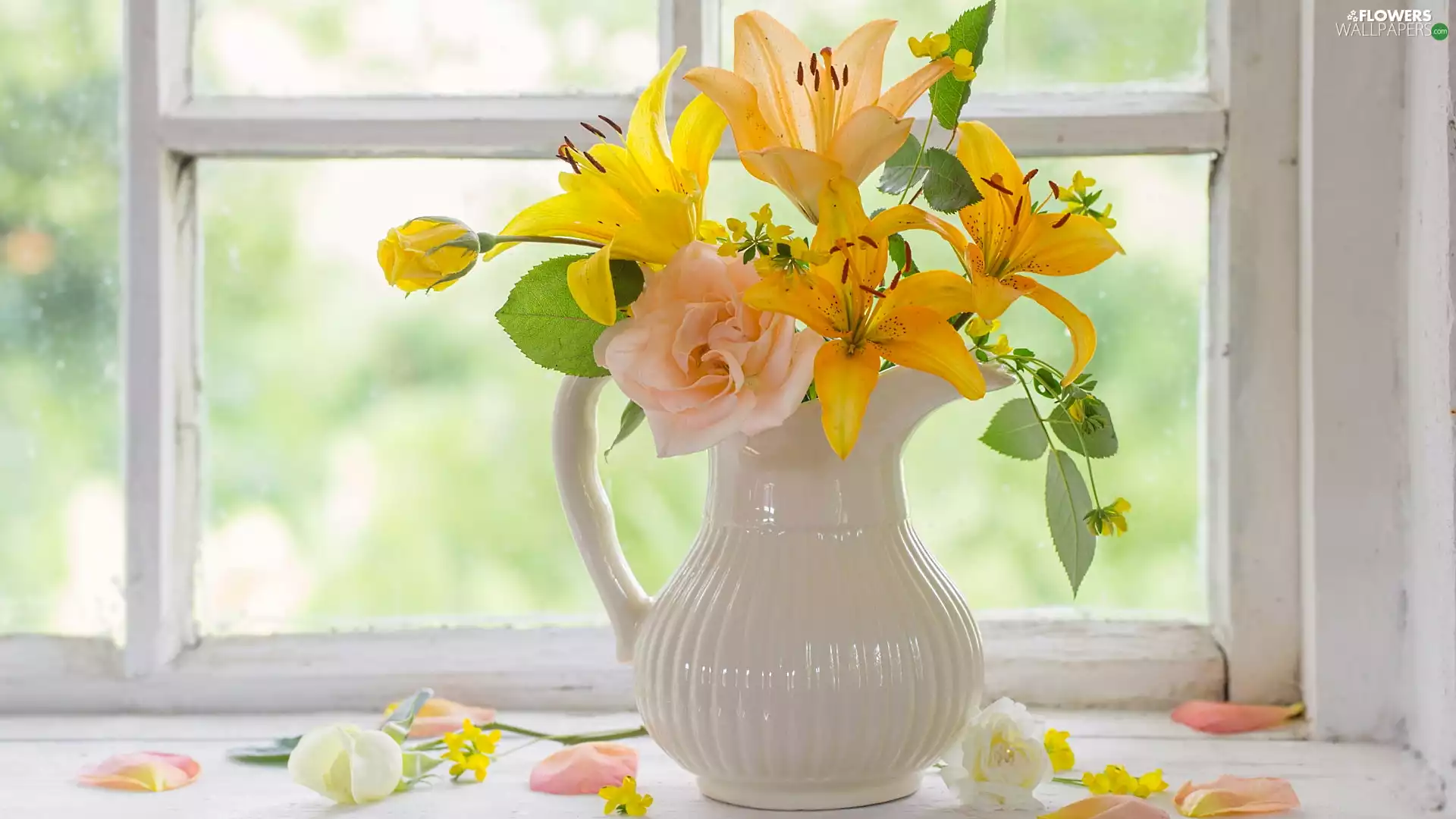 lilies, bouquet, jug, Window, roses, Flowers