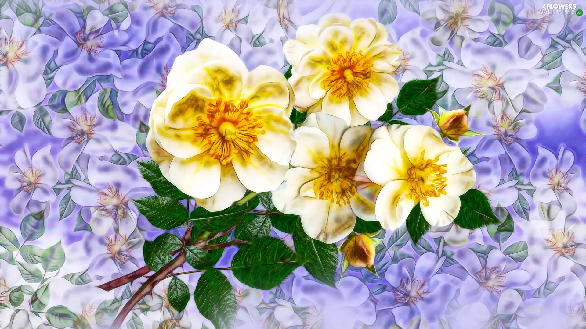 roses, four, Leaf, Yellow, Flowers, Buds, graphics