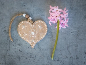 Colourfull Flowers, wood, hyacinth, Heart, Pendant, Pink, Grey Background