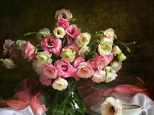 Flowers, Eustoma, cup, bouquet