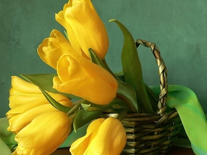 Green, textile, Tulips, basket, Yellow