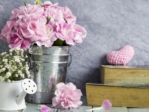 Bucket, Flowers, Books, Heart, watering can, Clove Pink
