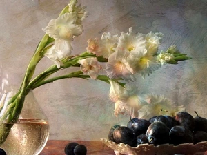 plums, bowl, gladioli