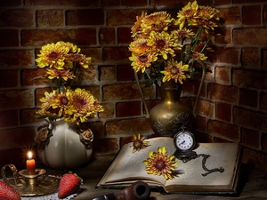 Book, Flowers, Candle, strawberries, alarm clock, Chrysanthemums