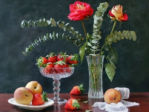 strawberries, composition, roses, plateau, Flowers