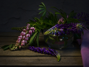 lupine, Pink, Vase, Violet, Flowers, glass, bouquet