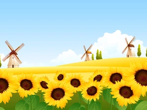 landscape, Nice sunflowers, Windmills, Field