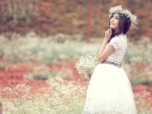lady, young, Goose, wreath, Flowers, brunette, girl, Meadow