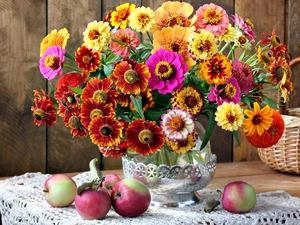 bouquet, Helenium, apples, Zinnias, Flowers, basket, composition