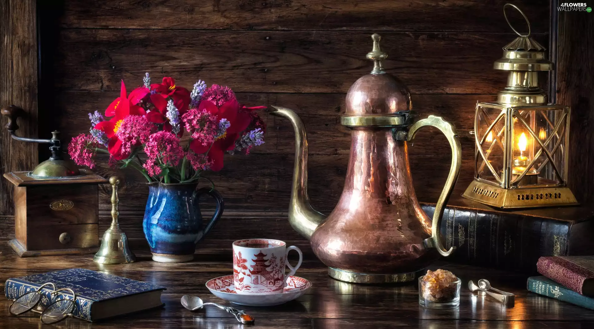 jug, mill, composition, lantern, cup, Flowers, bouquet, Books