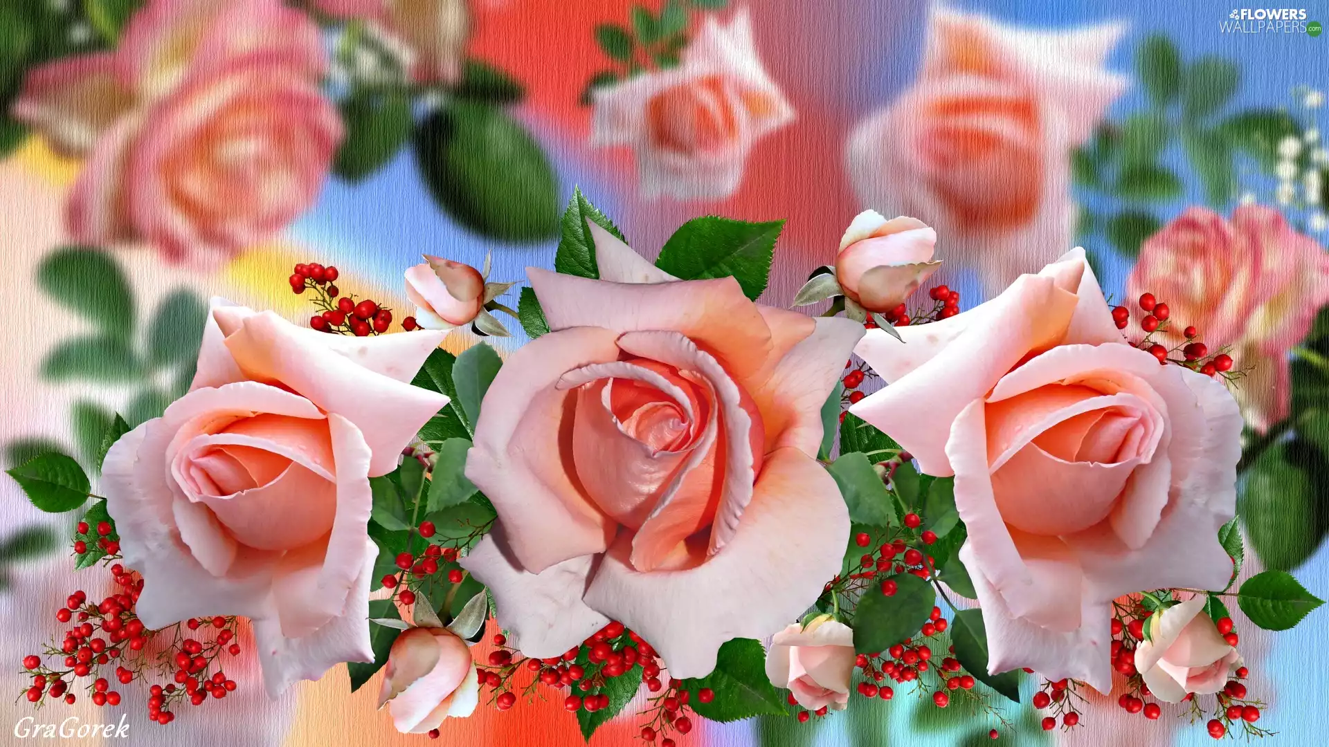 roses, 2D, Three, developed, Flowers