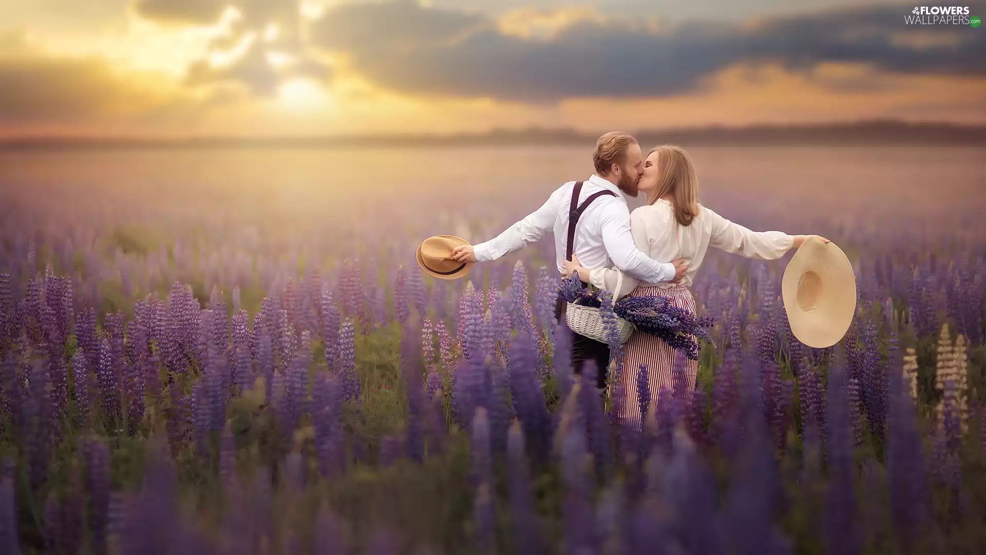 Women, kiss, lupine, a man, Meadow