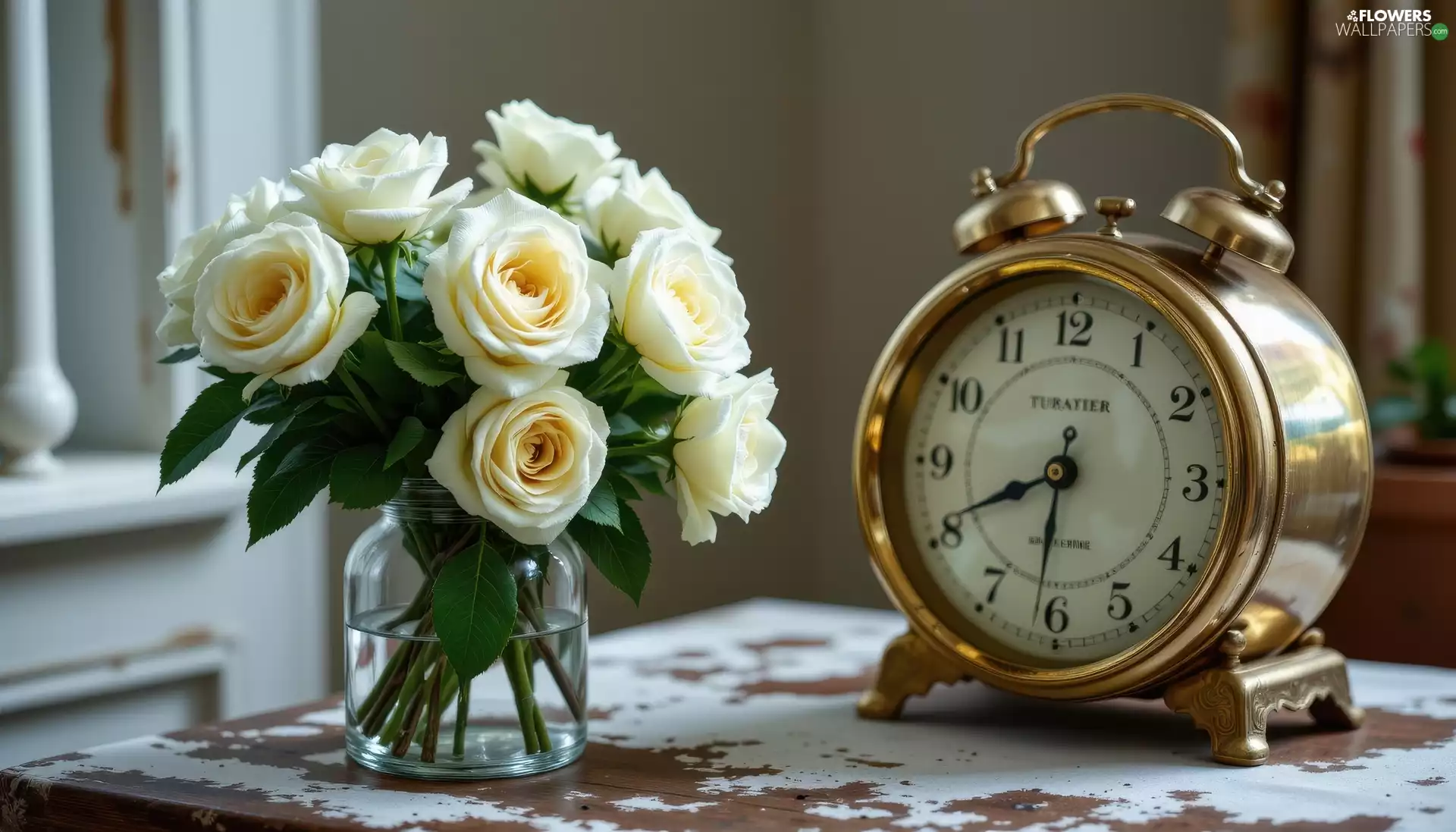 roses, Flowers, Clock, alarm clock, Vase, White