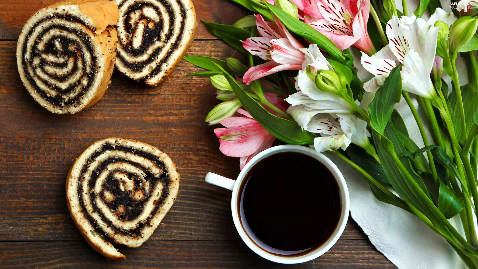 cake, coffee, Flowers, Alstroemeria, collar, cup
