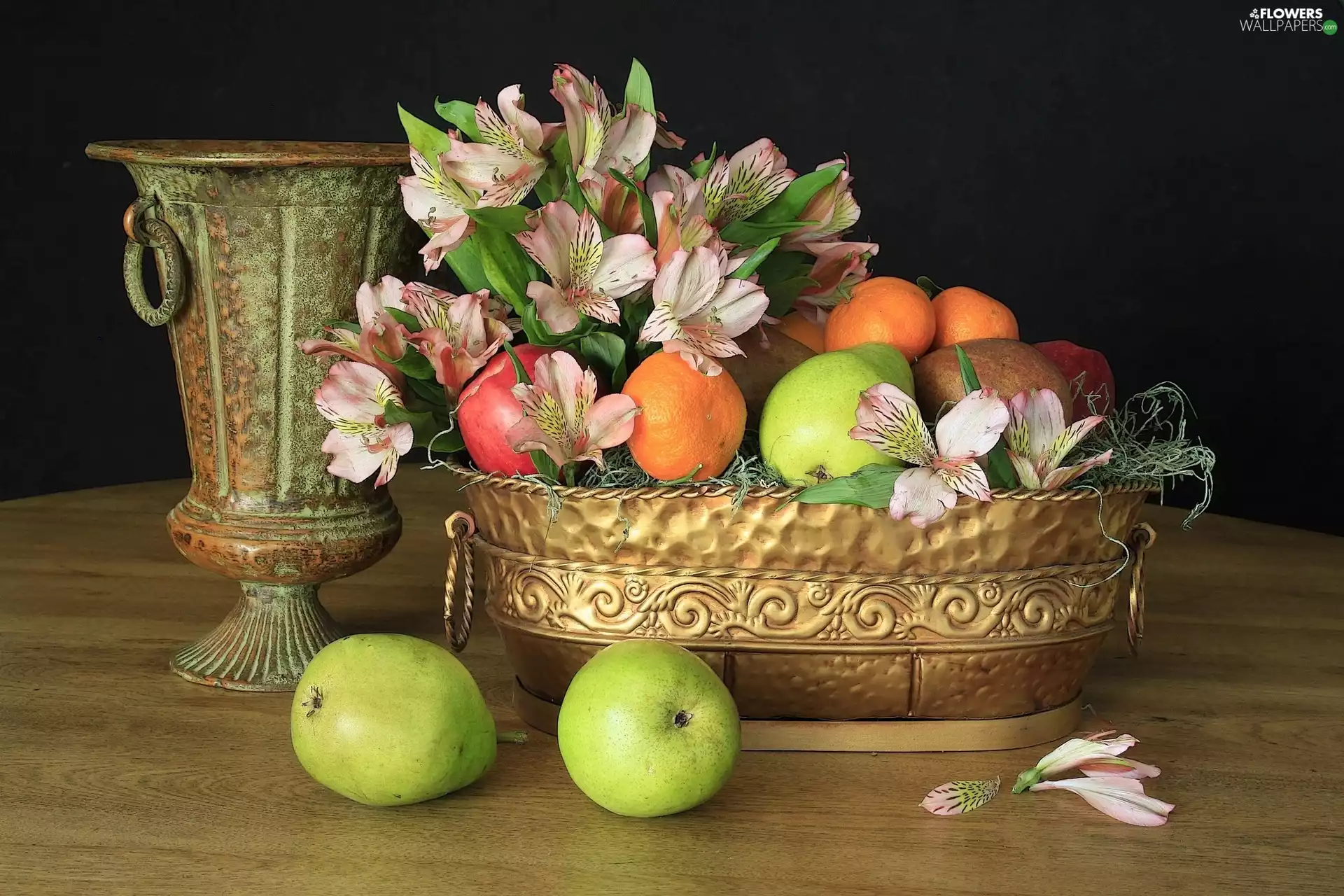 Vases, still life, Alstroemeria, Fruits, Flowers, Brass