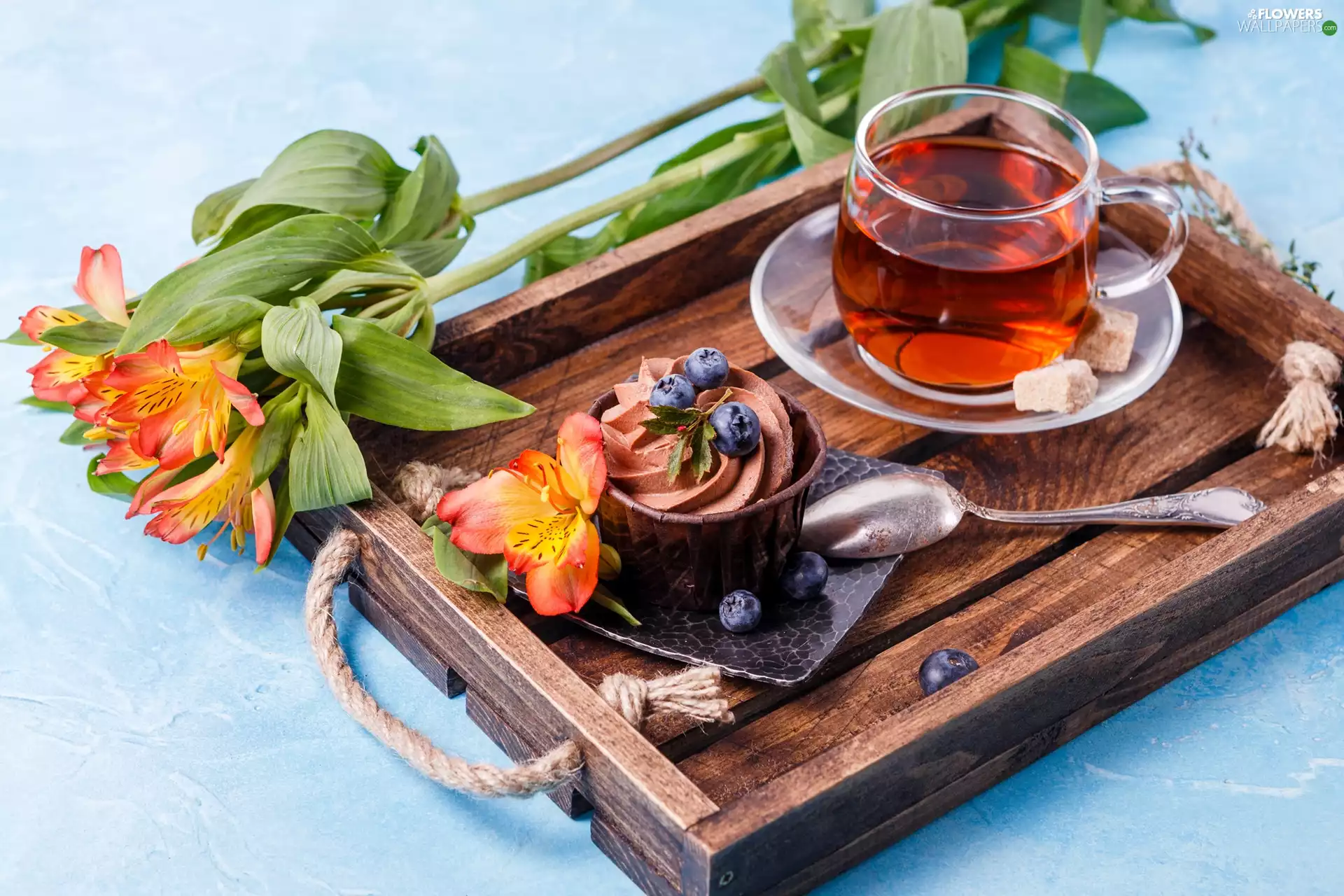 Flowers, Alstroemeria, tea, cake, tray