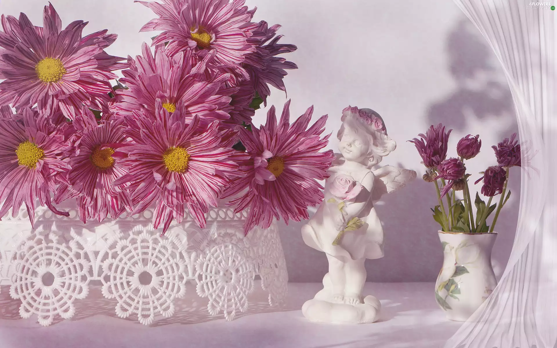 Vase, Flowers, figure, angel, color, Chrysanthemums