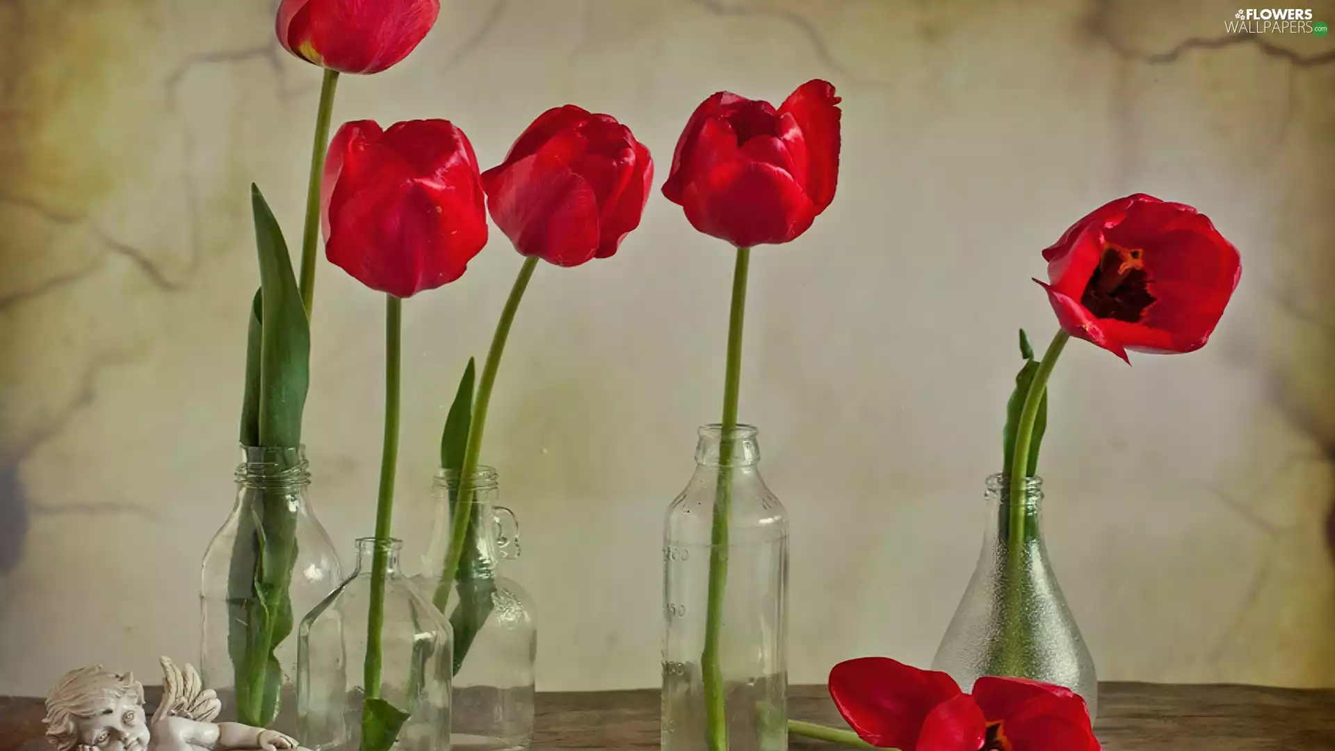 Red, Bottles, angel, Tulips