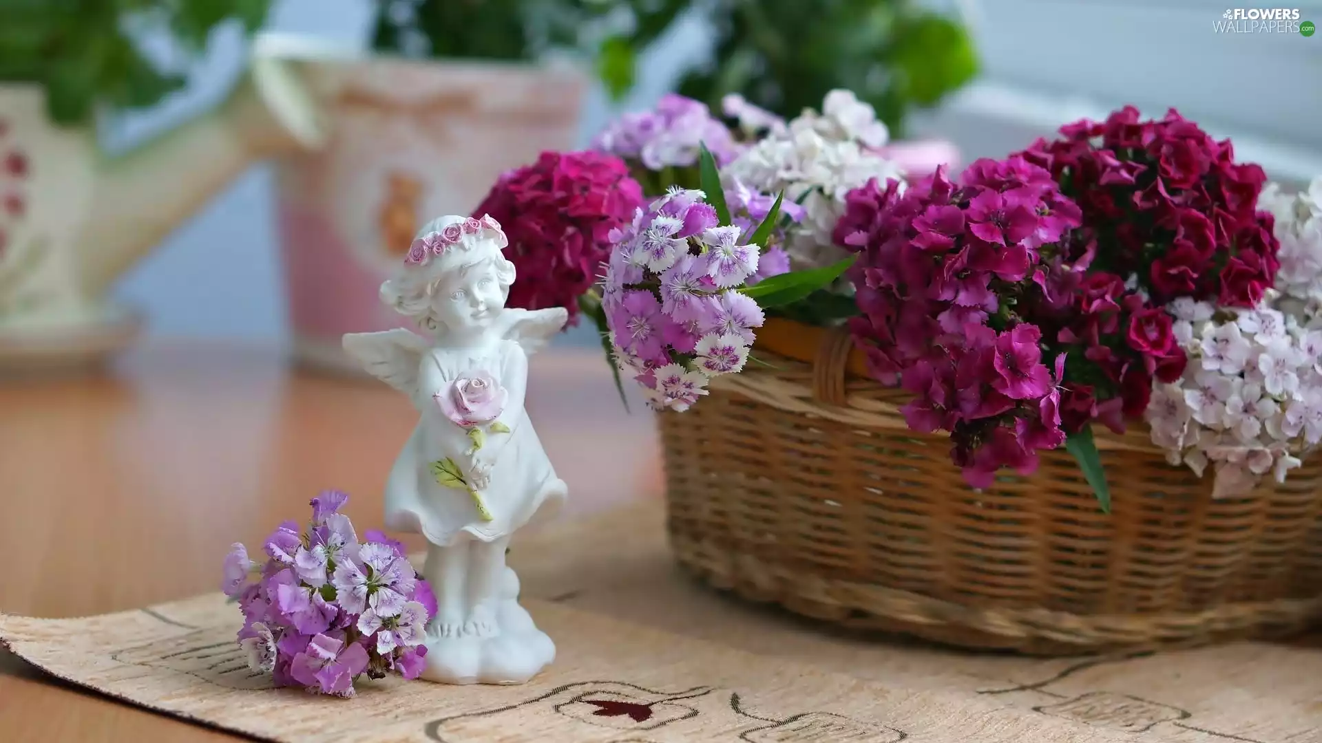 figure, decoration, basket, angel, Sweet William