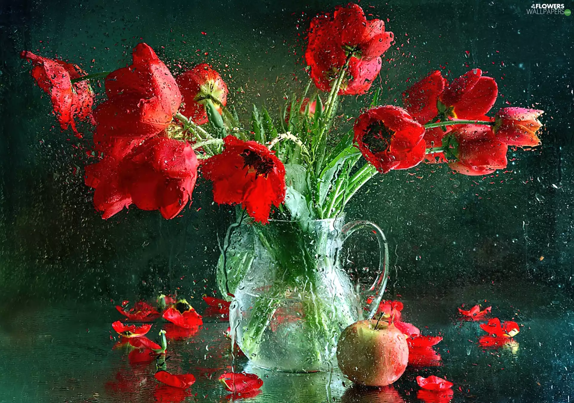 Vase, Red, bouquet, Apple, Rain, Tulips