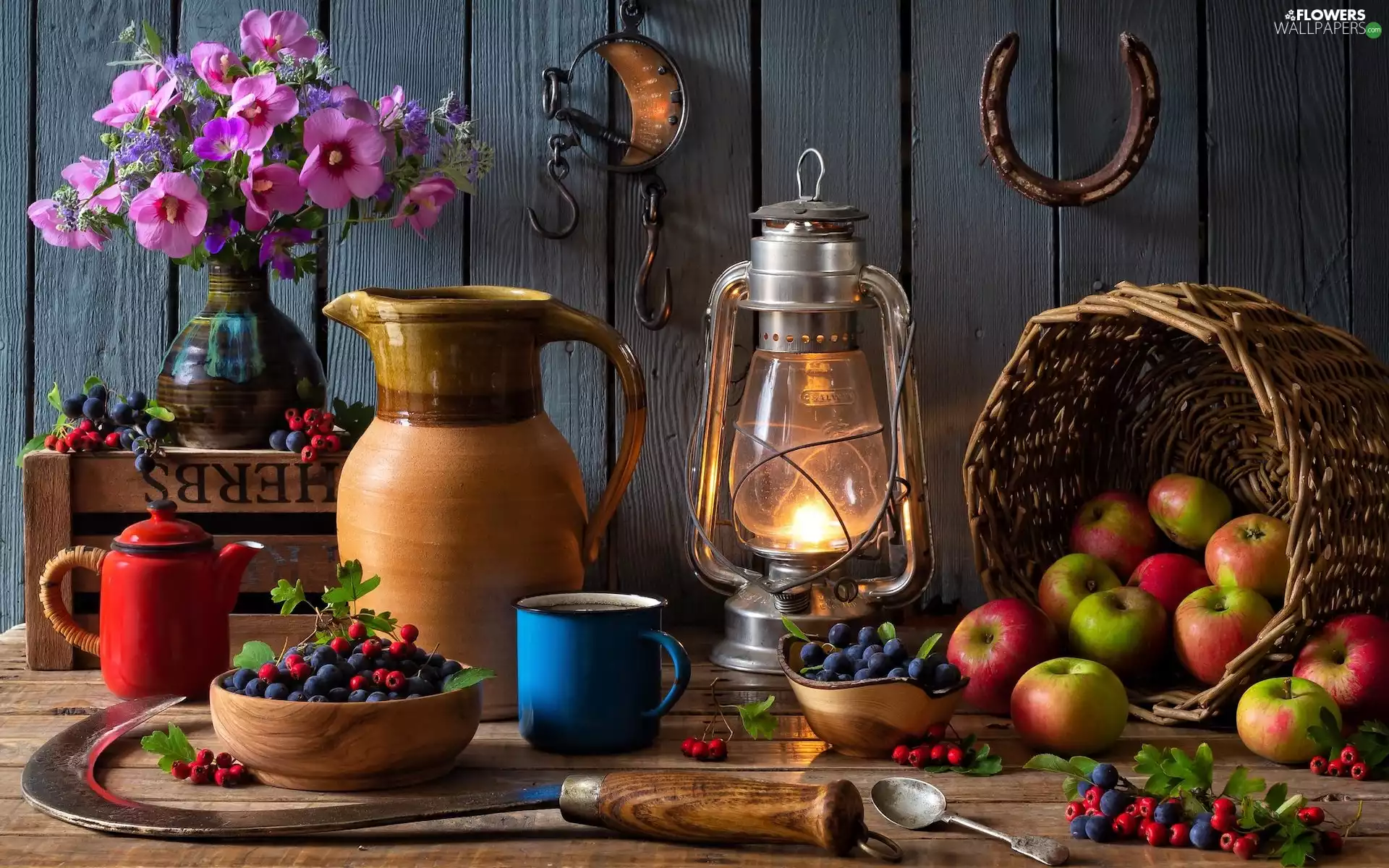 jug, composition, sickle, Lamp, basket, blueberries, apples, Flowers, bouquet, Fruits, horseshoe