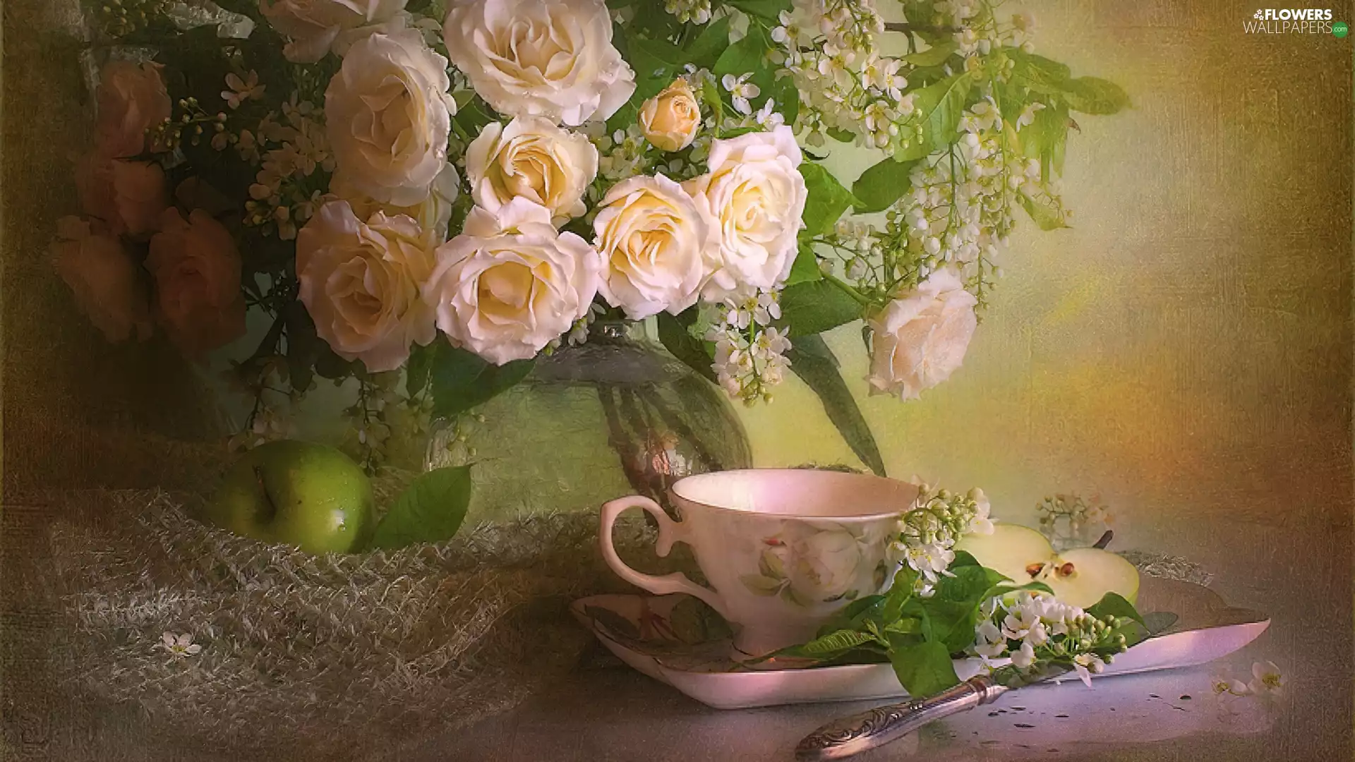 cup, Arts, lace, rouge, bouquet, apples, napkin