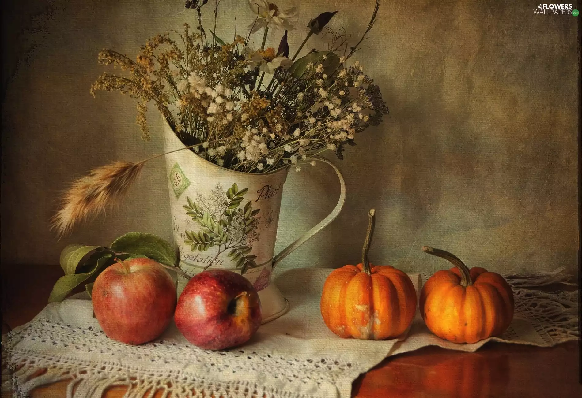 apples, pumpkin, dried, Flowers, pitcher