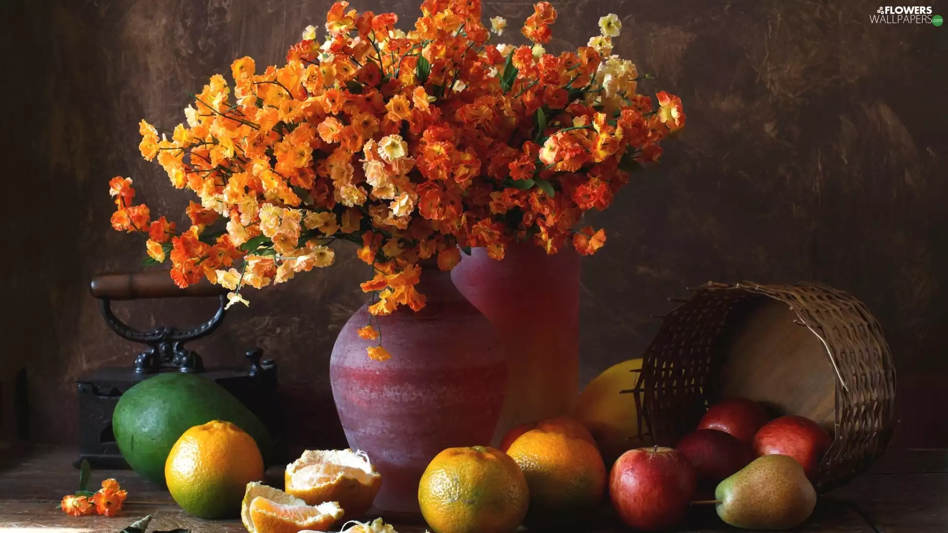 Vase, composition, bouquet, Flowers, basket, iron, apples, Truck concrete mixer, orange
