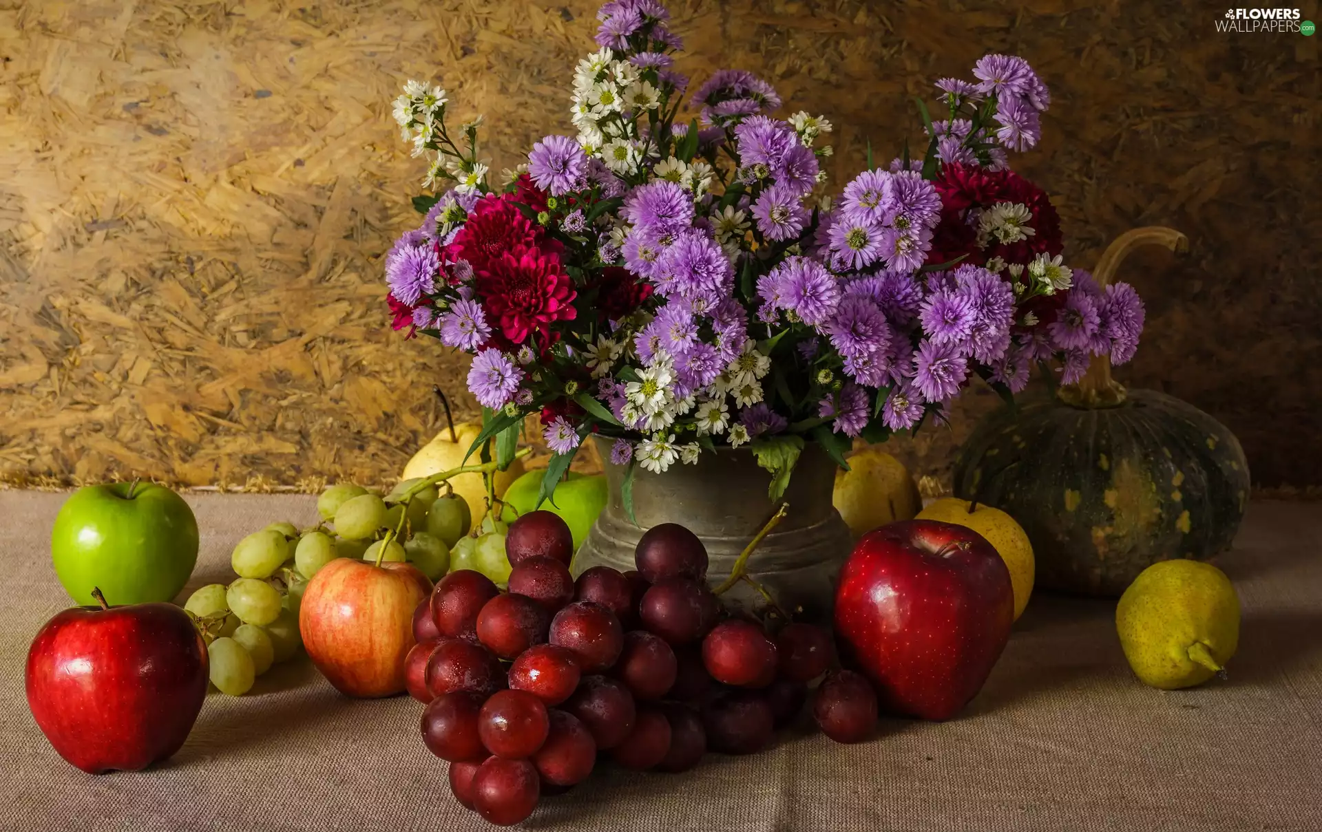 bouquet, Vase, Flowers, Aster, Grapes, pumpkin, apples, truck concrete mixer, Fruits
