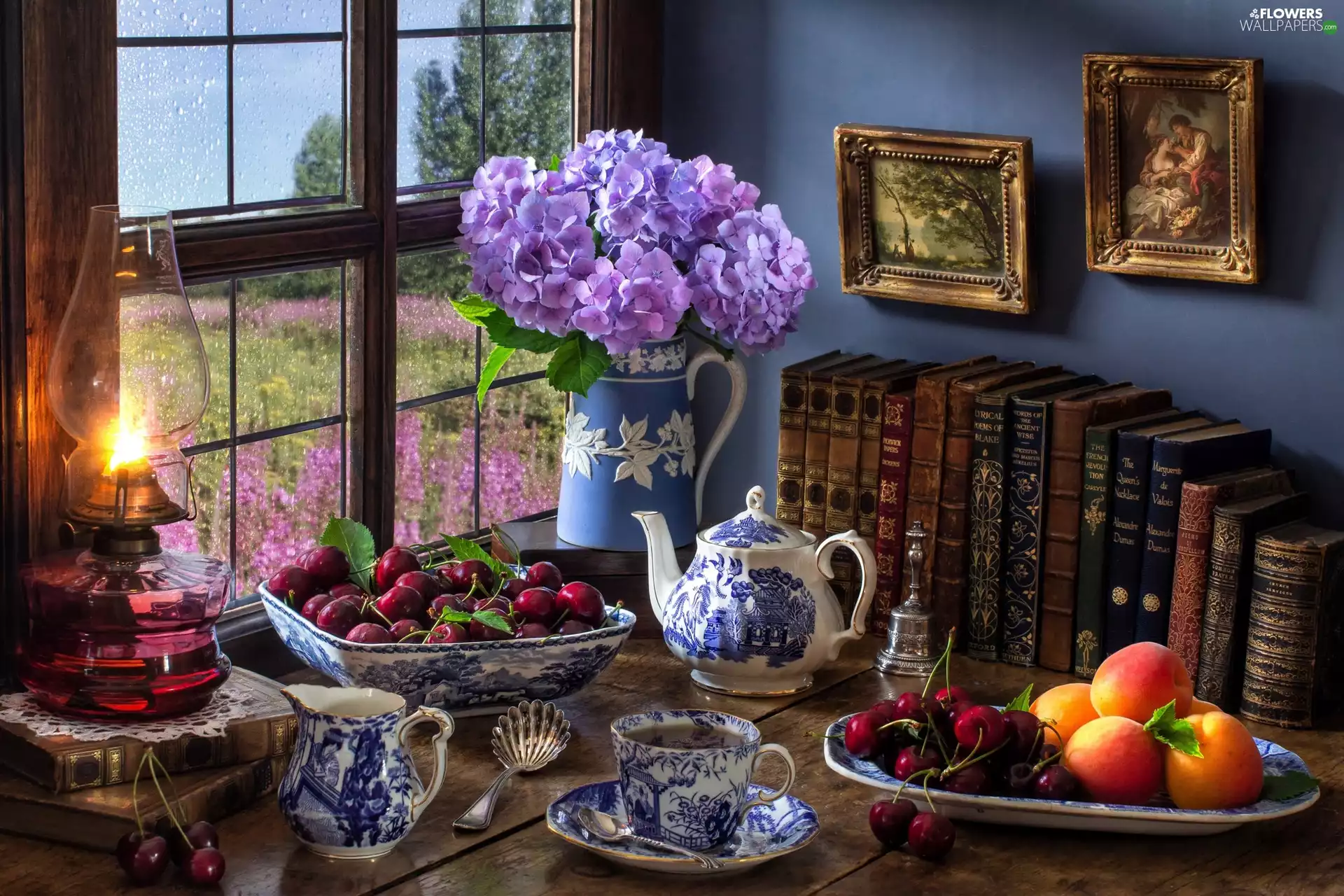 Oil Lamp, jug, cup, Books, pictures, apricots, bouquet, kettle, hydrangeas, Vase, cherries, Fruits, tea, Flowers, Window