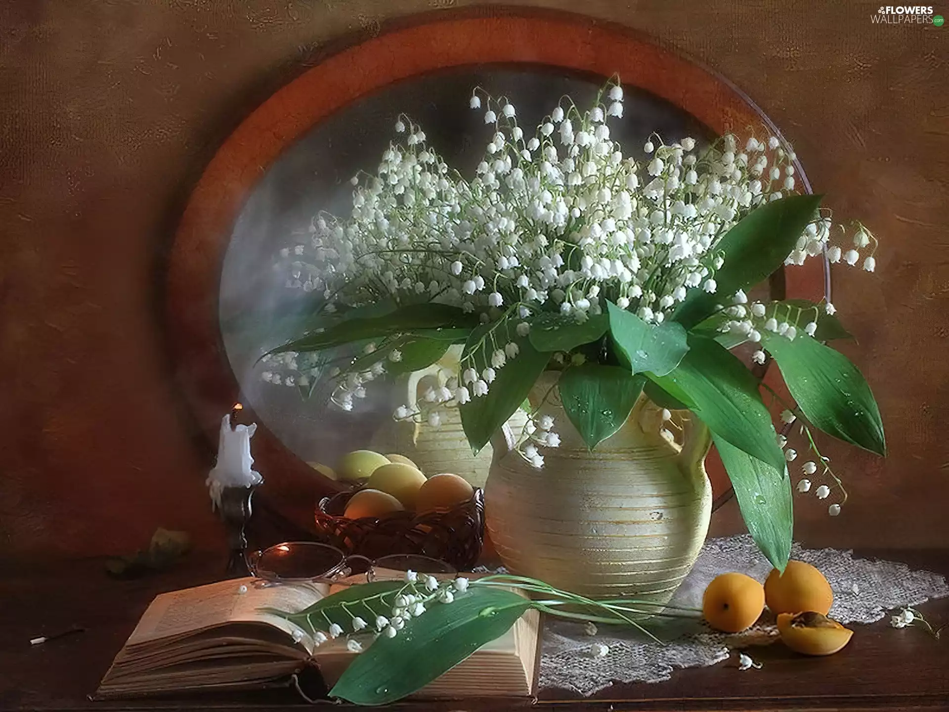 candle, apricots, lilies, Book, composition