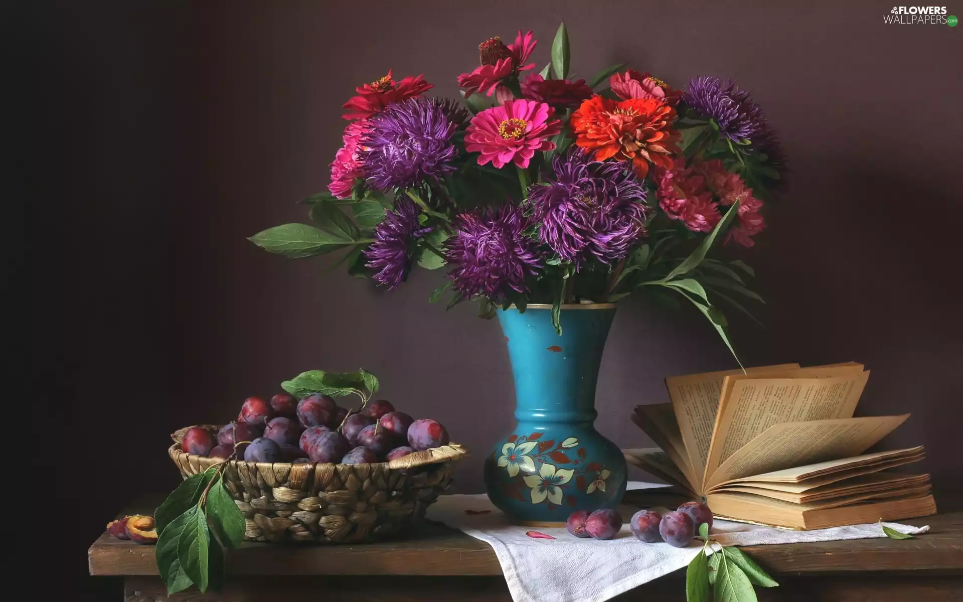 Astra, Flowers, Zinnias, bouquet, Book, basket, Fruits, plums, Vase