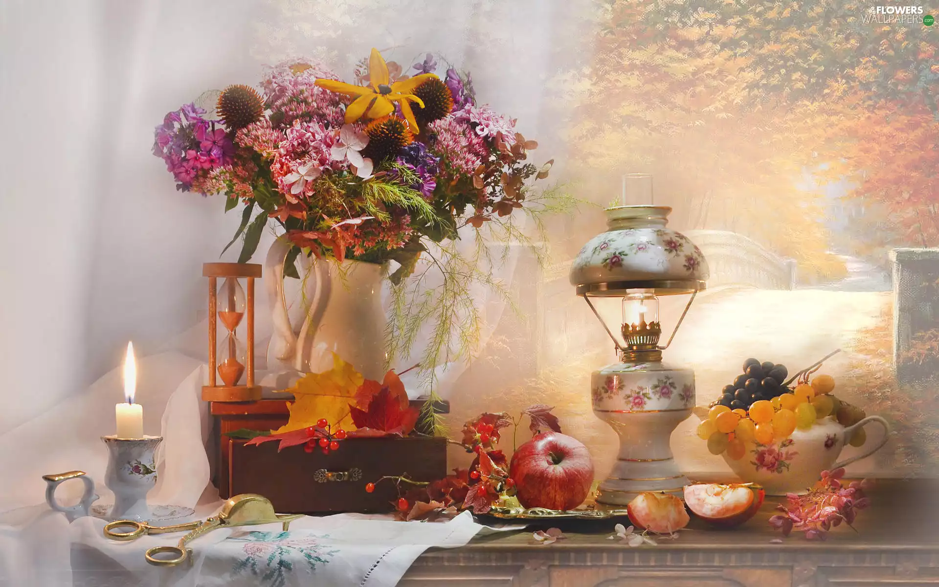Leaf, Flowers, Fruits, candle, Grapes, composition, autumn, jug, bouquet, Lamp, apples