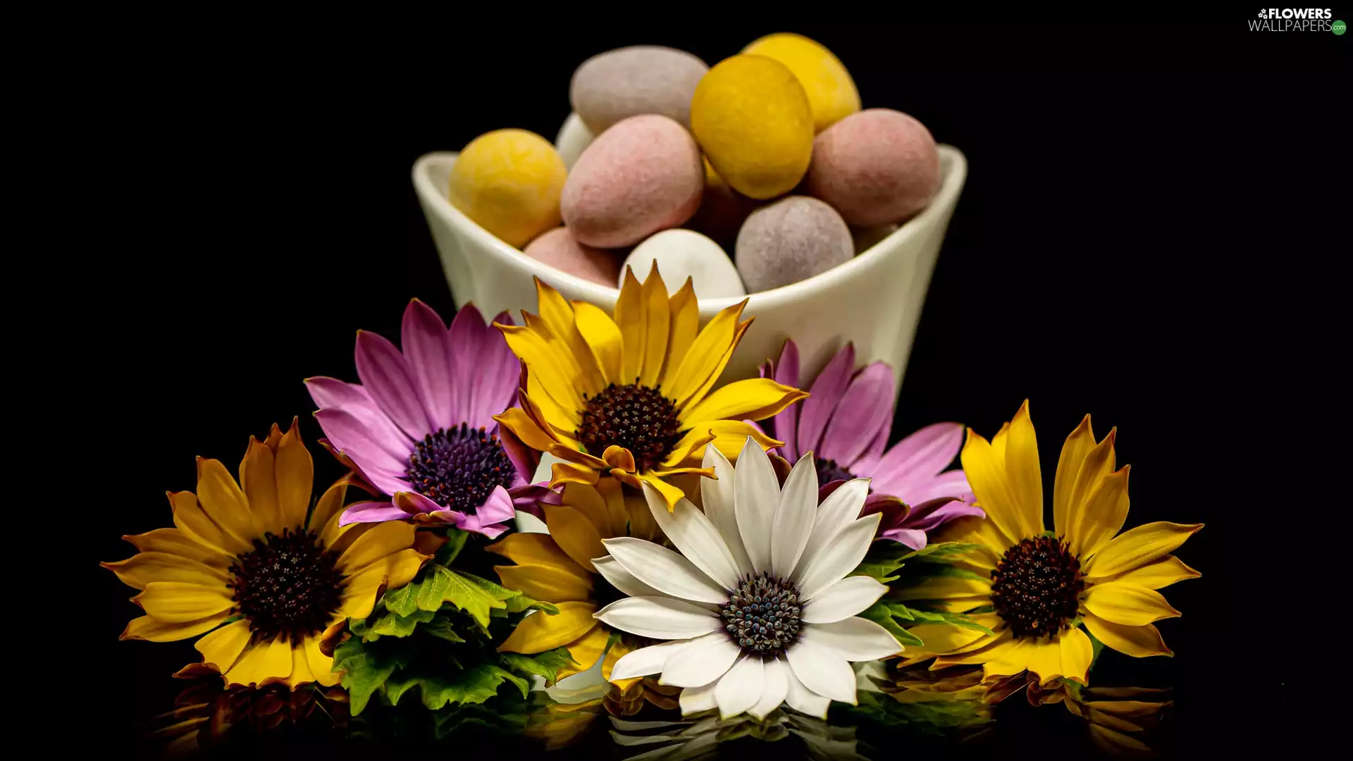Candies, Flowers, Black, background, eggs, African Daisies