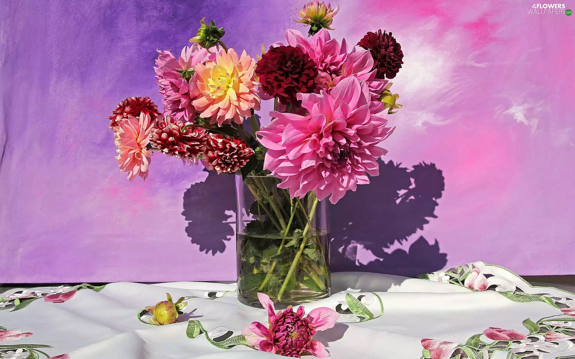 dahlias, Flowers, tablecloth, background, Vase, bouquet