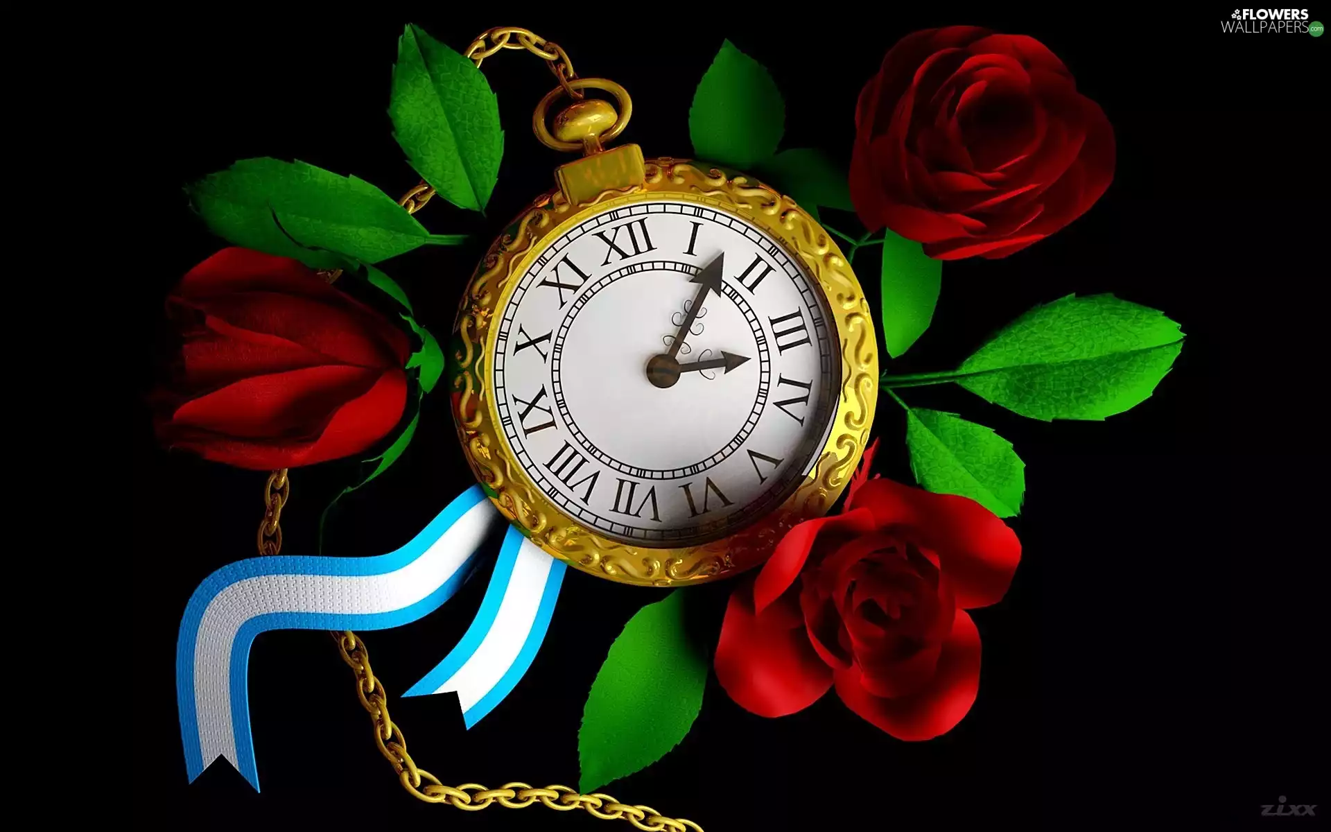 Golden, Red, Black, background, Watch, roses