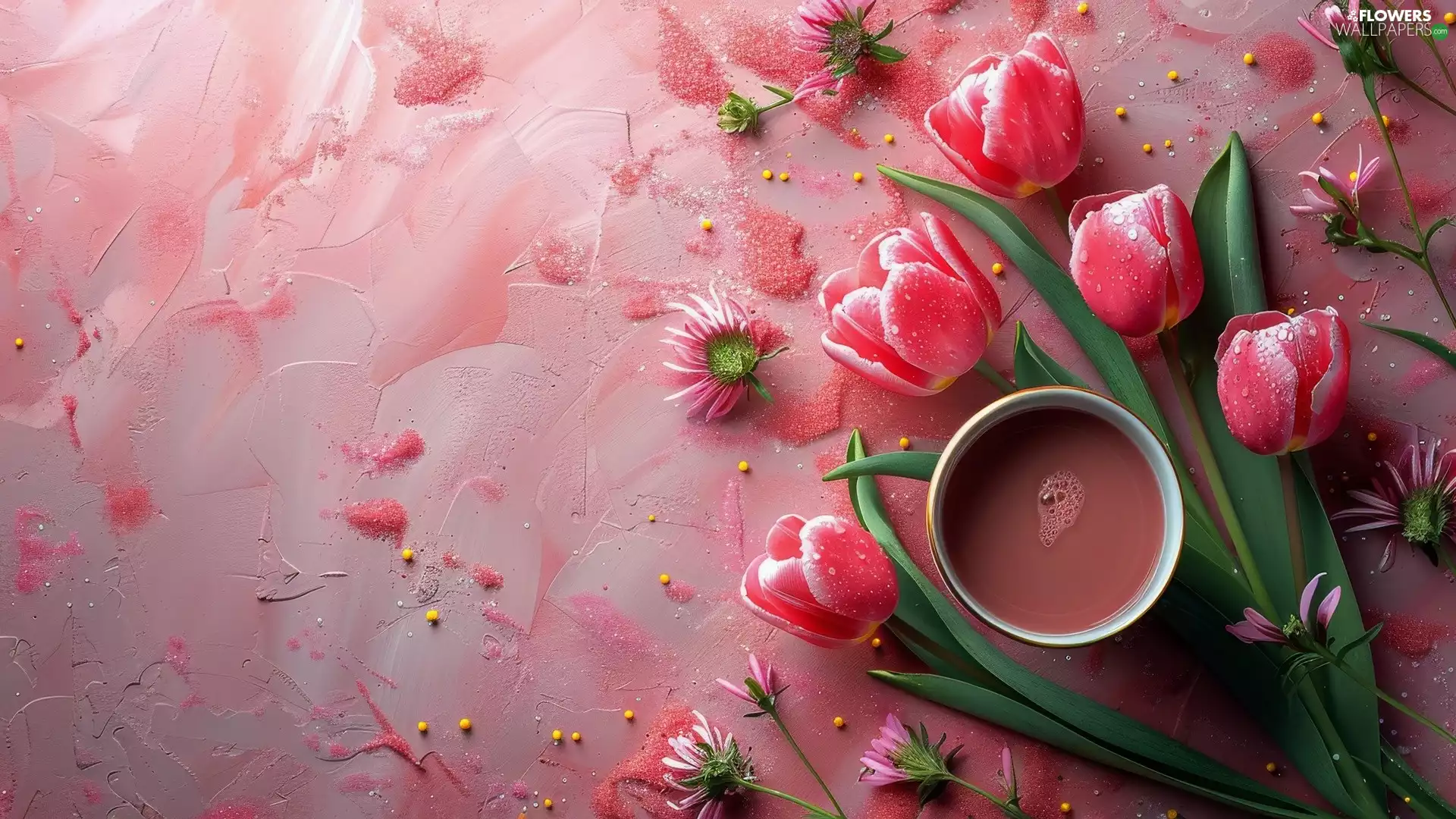 Pink, background, Tulips, cup, Red