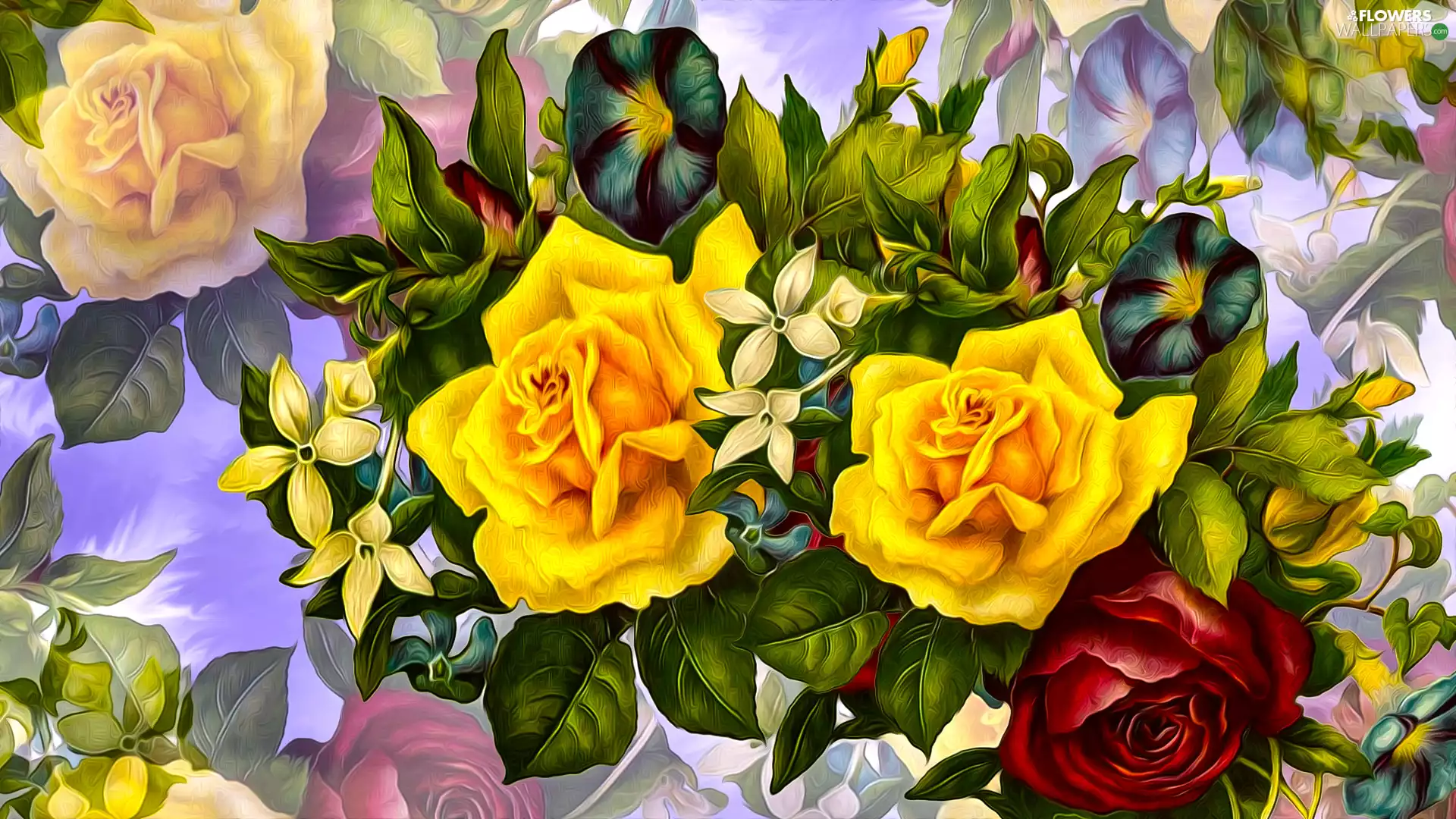 roses, Flowers, color, background, graphics, Yellow