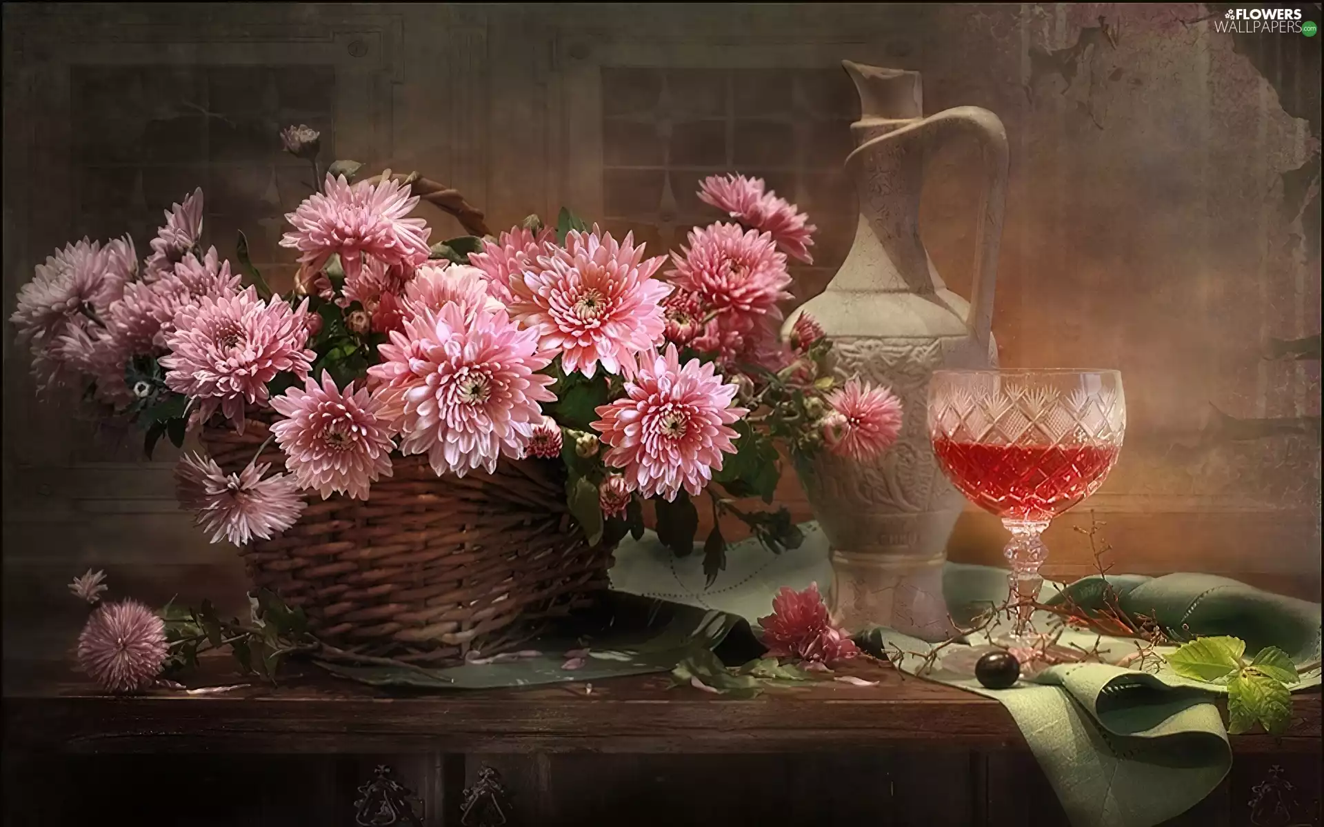 Clay, bouquet, Wine, basket, carafe, Astrów