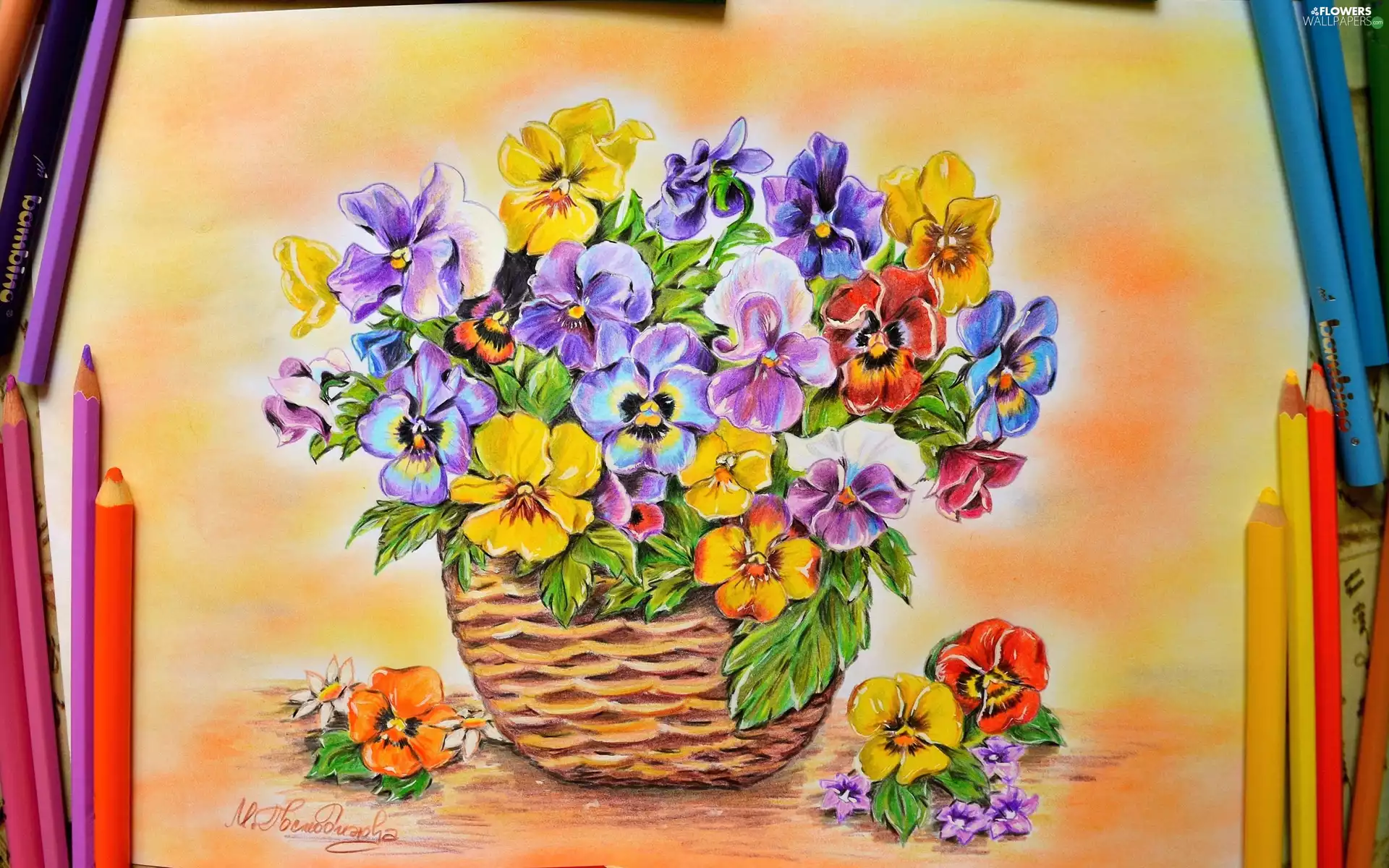 pansies, basket, crayons, Flowers, Drawing