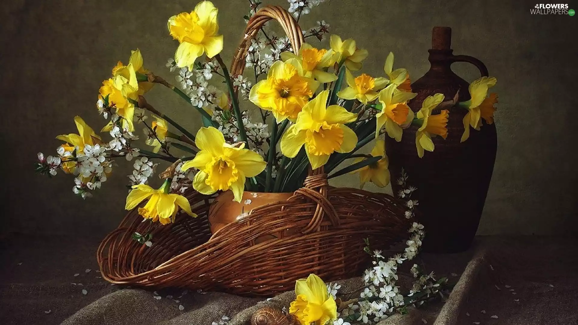 basket, basket, Flowers, Daffodils, bouquet