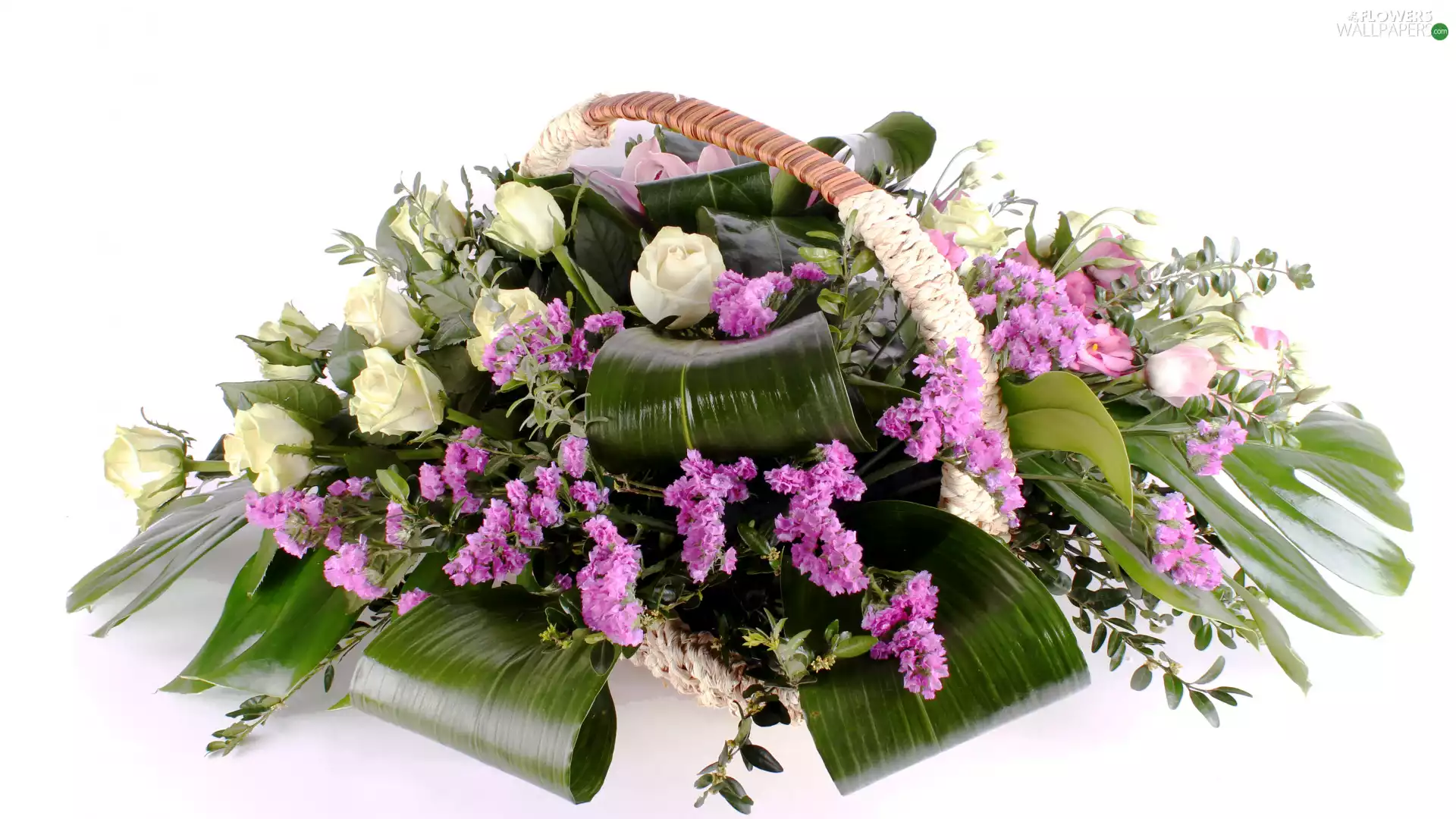roses, Flowers, Leaf, basket, Sea Lavender, bouquet
